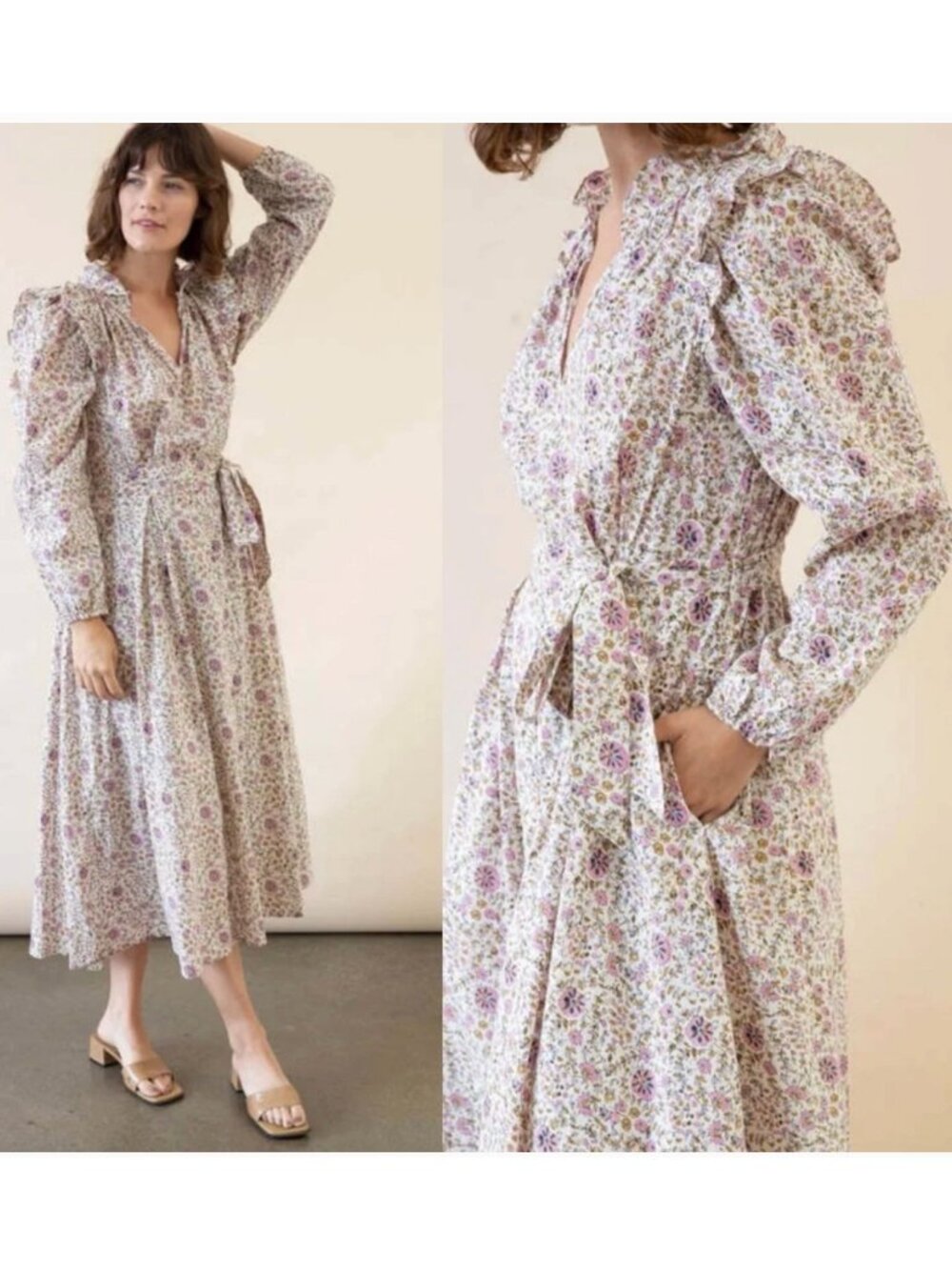 Xirena Isley Midi Dress Ivy Vines Puff Sleeves Size S